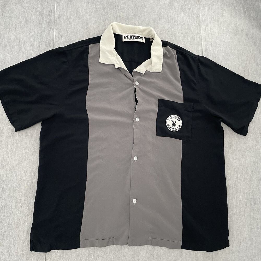Playboy Shirt Adult Large Black Gray Short Sleeve Button Up Rayon Loop Collar L
